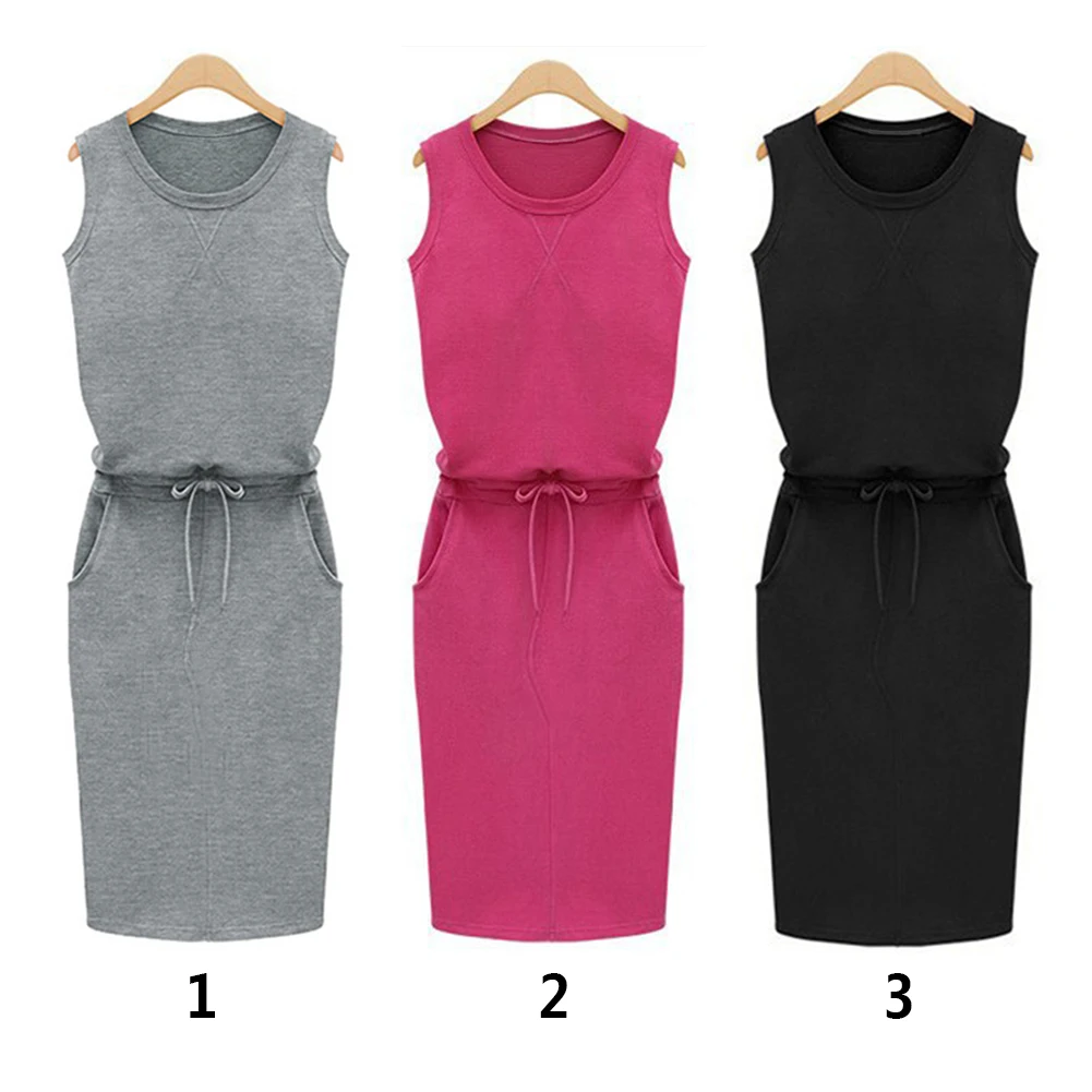 Casual Sleeveless O Neck Belt Midi Sheath Dress