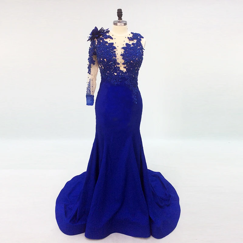 

long Evening Dress 2019 Mermaid One Shoulder Long Sleeves Beads Backless Royal Blue Formal Party Gown Prom Dress Robe De Soiree