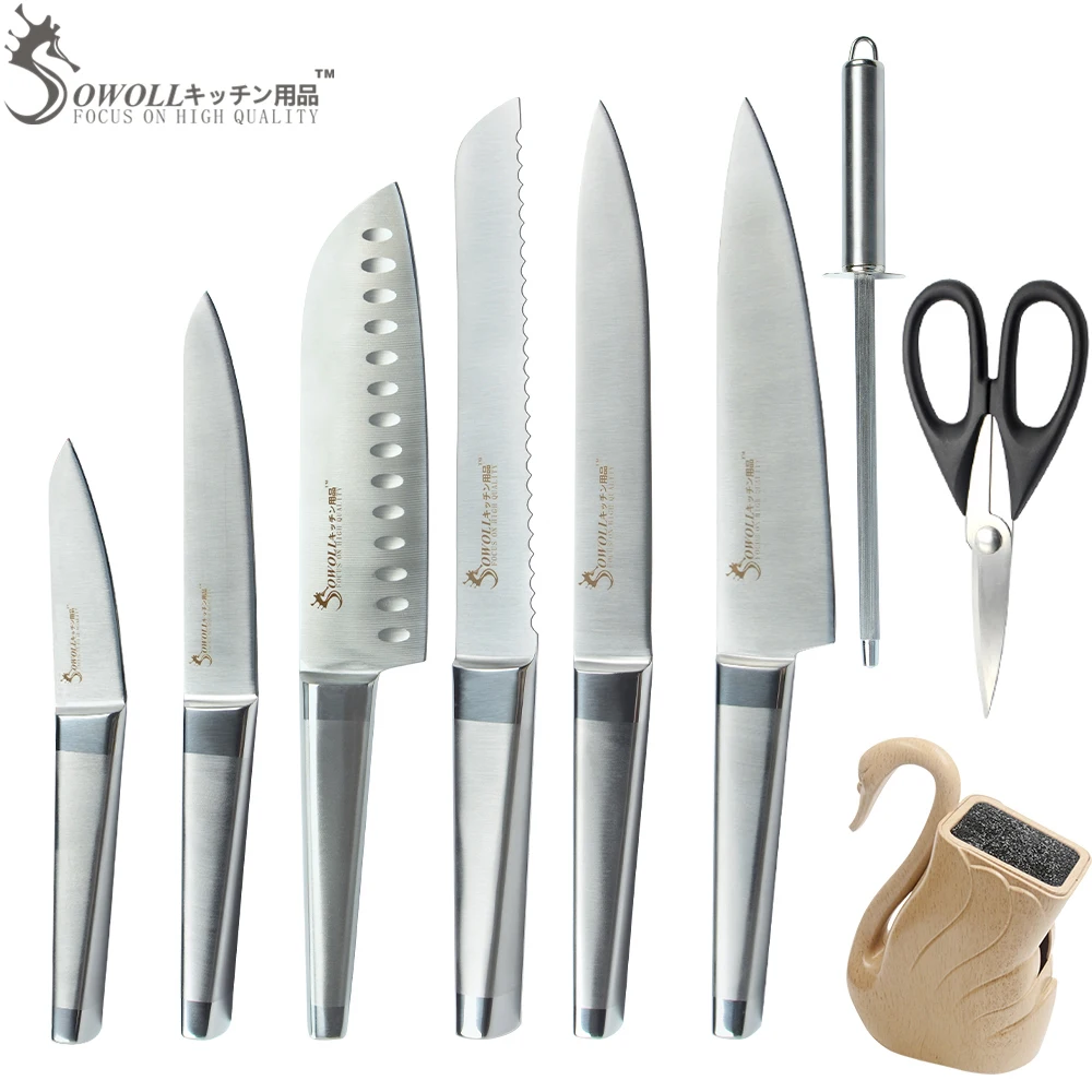 

SOWOLL Total 9pcs Cooking Tools Set 6pcs Stainless Steel Kitchen Knives + Sharpening Bar + Random Insert Knife Stand + Scissor
