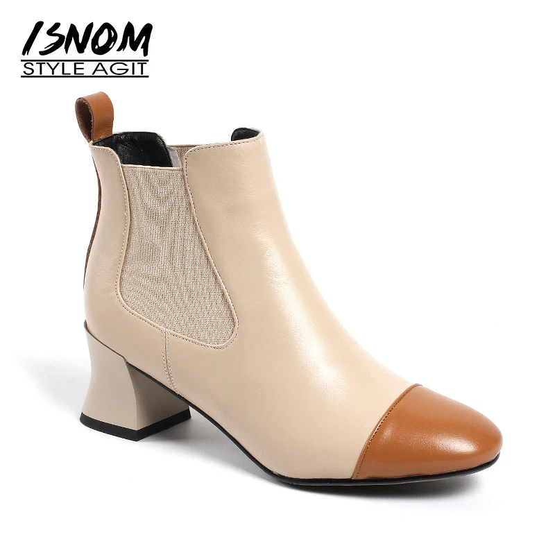 Carré Dames Nouveau D'hiver Boot black Isnom Véritable Talons Chaussures apricot Black Hauts En Bottines apricot Noir Bout 2018 Cuir Femmes SxYnCwqpB