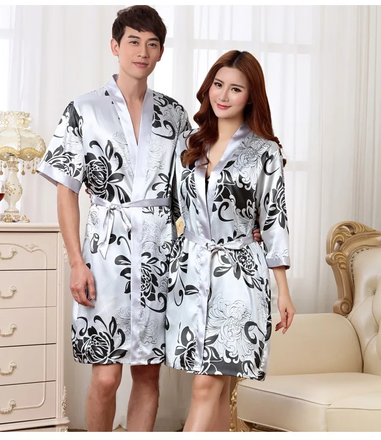 Женский Шелковый Атласный халат с цветочным рисунком, ночная рубашка, набор или мужской халат с рукавом до локтя, повседневный халат, модная одежда для сна, ночная рубашка
