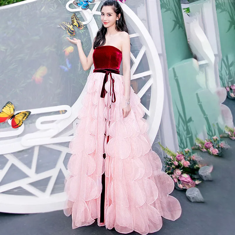 

Women Evening Party Dress Sexy Strapless Backless Princess Dress Elegant Velvet Patchwork Pink Petal Sash Ball Gown Maxi Dress