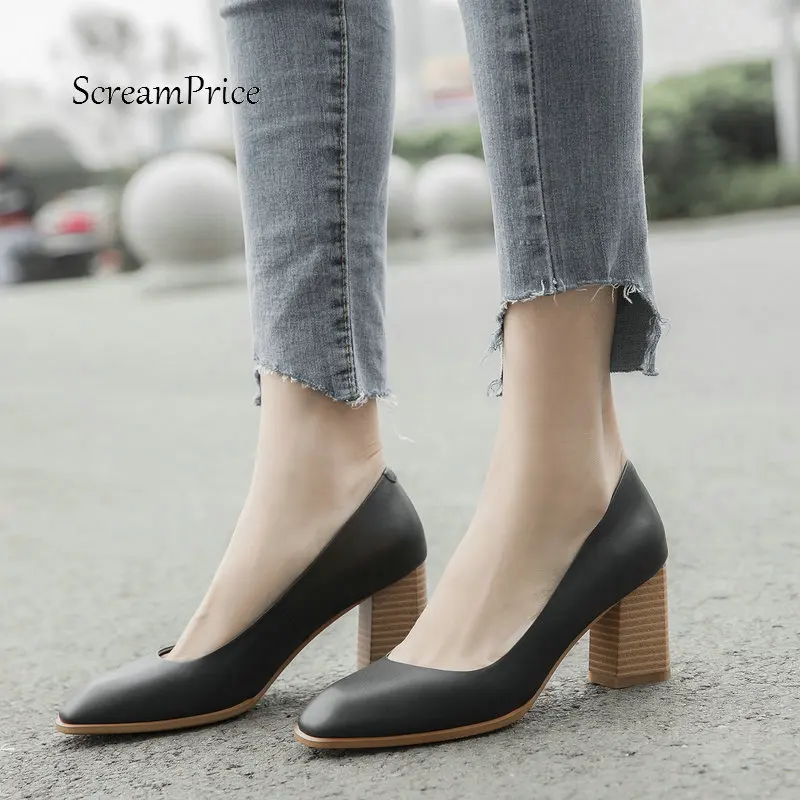 

Women Genuine Leather Thick High Heel Lazy Shoes Fashion Slip On Square Toe Dress Spring Autumn Pumps Black Beige Purple