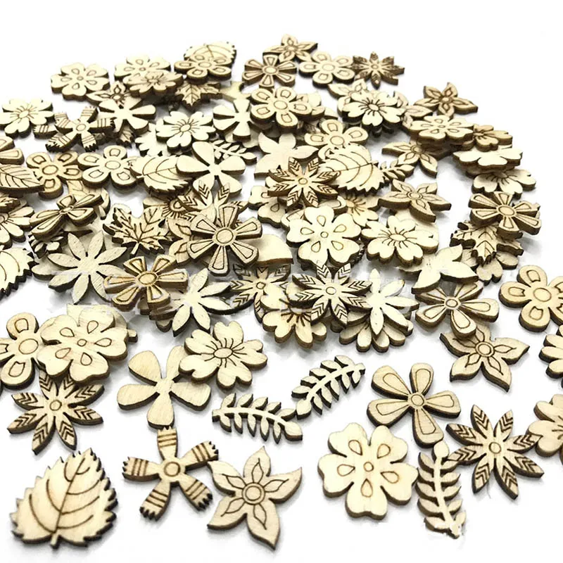 

100pcs laser cut wood flower and leaves embellished with wood shape craft wedding decoration