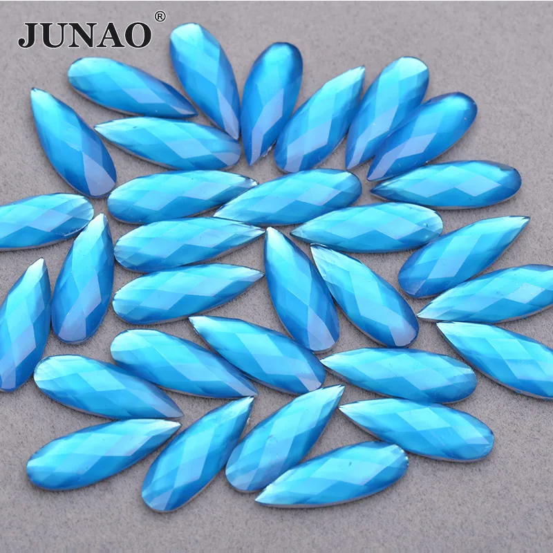 JUNAO, 8*22 мм, блестящие кристаллы AB, каплевидные Стразы, аппликация с плоской обратной стороной, Стразы для ногтей, не швейные камни для украшения - Цвет: Dark Aquamarine