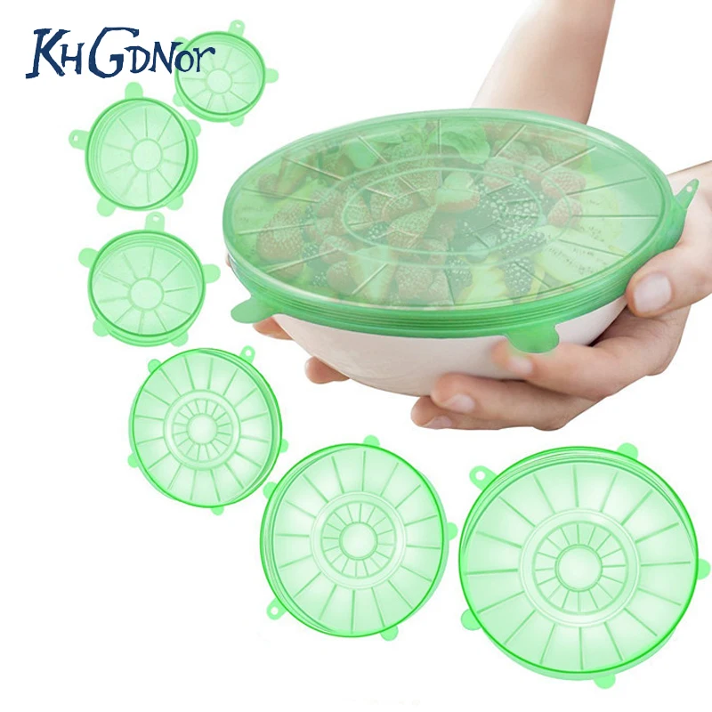 

KHGDNOR 6pcs Reusable Silicone Suction Lid-bowl Pan Cooking Pot Silicone Stretch Bowl Cover Food Fresh Keeping Kitchen