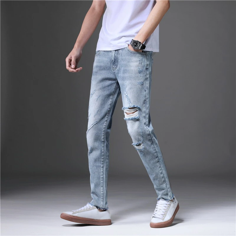 

2019 Designed Man Fashion Hole Slim Jeans Homme Hombre Men Scratched Denim Pants Streetwear Young Male Skinny Casual Pant