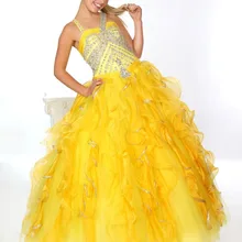 Желтый милые девушки pageant платья холтер топ оборками кристалл детали длина пола бальное платье из органзы pageant платья для девочек