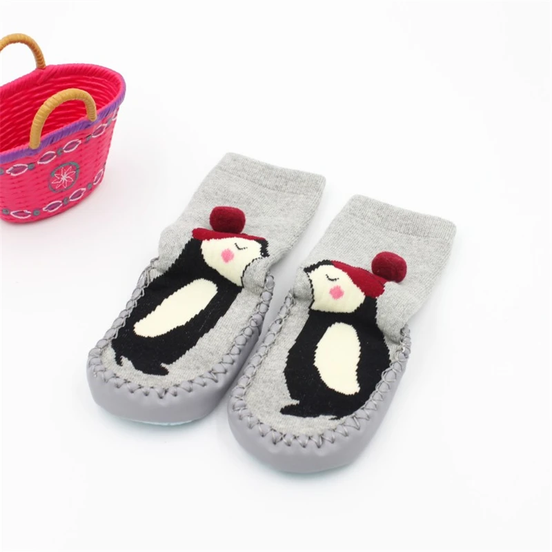 Детские носки-тапочки осенне-зимние махровые носки для новорожденных теплые Нескользящие Детские носки для малышей с рисунками животных, обувь на резиновой подошве