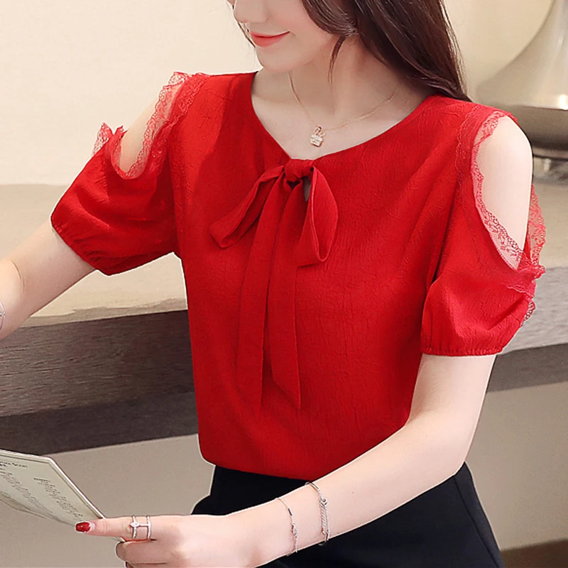 

2019 Summer New Lady Shirt short-sleeved female Korean fashion Chiffon blouse Short sleeve Strapless shoulder women's shirts
