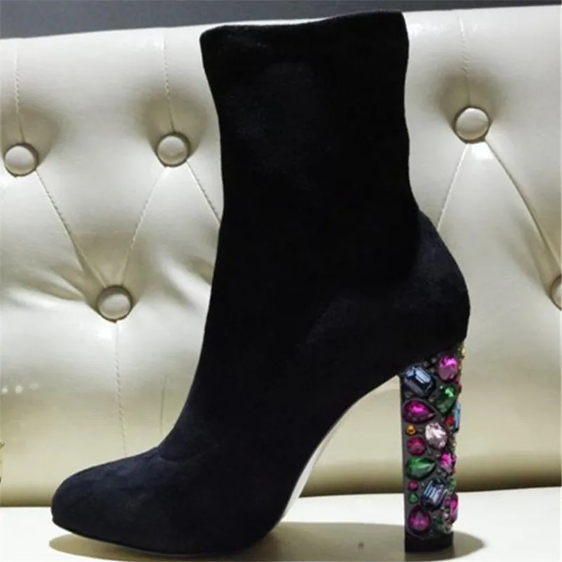 

Faux Suede Boots Women Black Lace Up Botas Feminina Mid Cut Ankle Botines Mujer Colourful Diamond High Heel Zapatos De Mujer