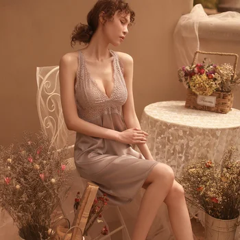 

Sexy Night Dress Women Sleep Wear Night Gowns and G- String Sets Sexy Lace Mesh Back Stain Deep V -neck Elegant Sexy Nightgowns