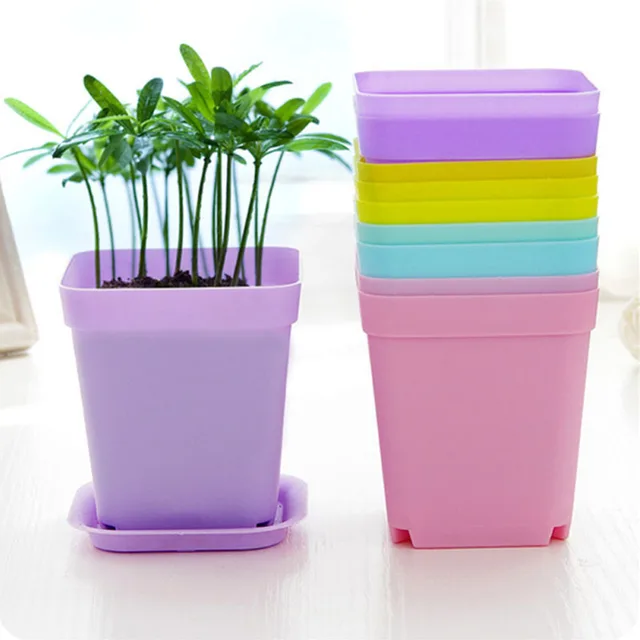 Gardening Mini Plastic Flower Pots+Plastic Tray Vase Square Flower Bonsai Planter Nursery Pots 7 Color Garden Supplies V4604