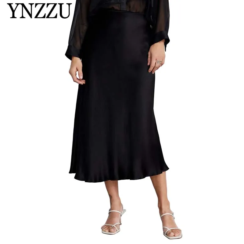 YNZZU, элегантная коллекция весна, сатиновая длинная юбка для женщин, однотонная, черная, высокая талия, летняя, макси, юбки для девушек, юбка для женщин, низ, YB309