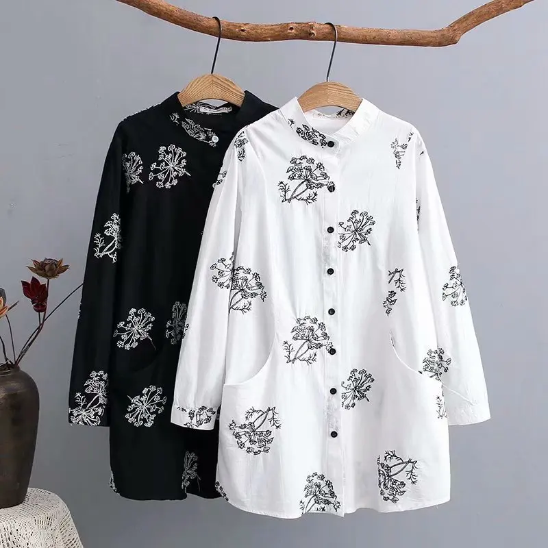 

Plus size cotton Embroidery stand collar women blouse 2019 Spring NEW casual ladies shirts pockets female solid black and white