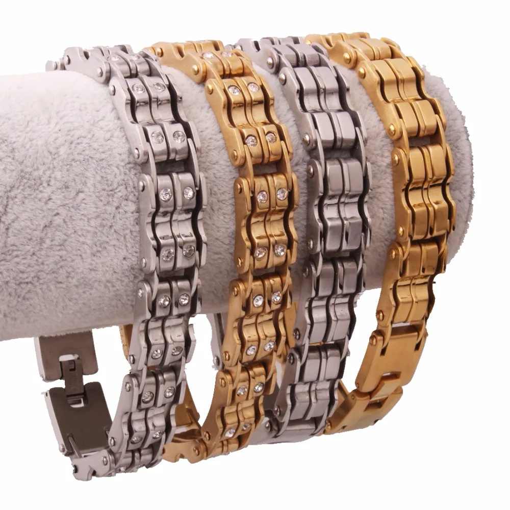 15 мм* " Новые Цвет серебристый, Золотой Цвет браслет-цепочка с блестящими камнями Для Мужчин's Нержавеющая сталь цепи браслеты манжеты ювелирные изделия
