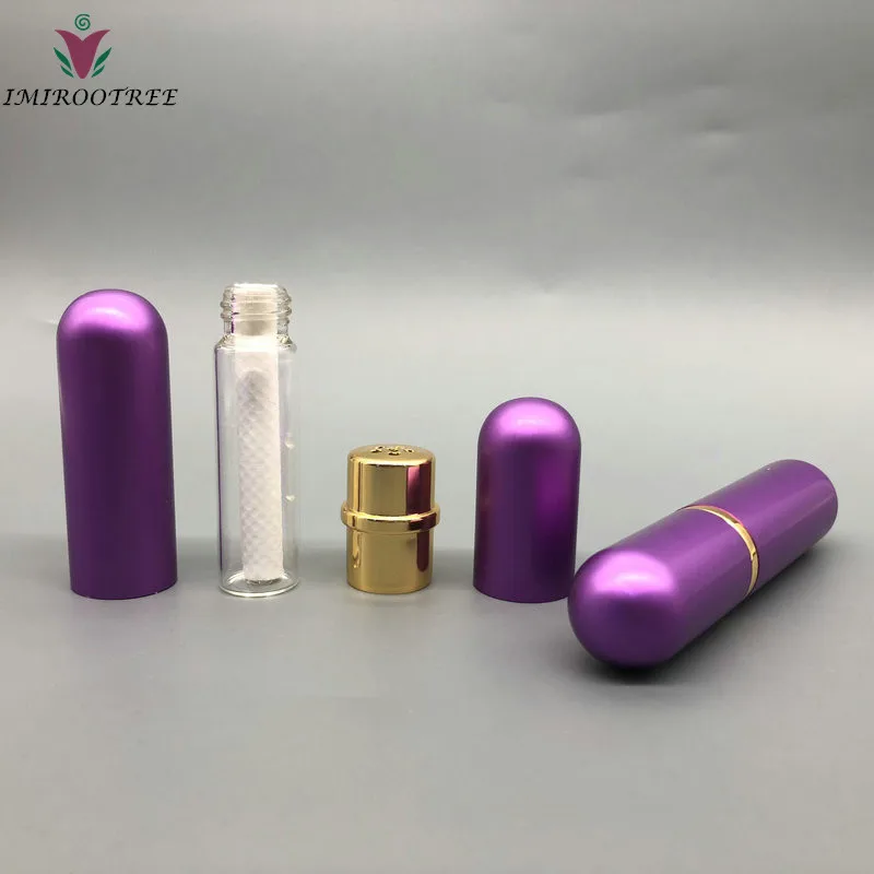 5 шт Пустые контейнеры для носовых ингаляторов многоразового использования, металлические алюминиевые ингаляторы с 10 шт хлопковыми фитингами и 2 шт присосками для эфирного масла - Цвет: purple
