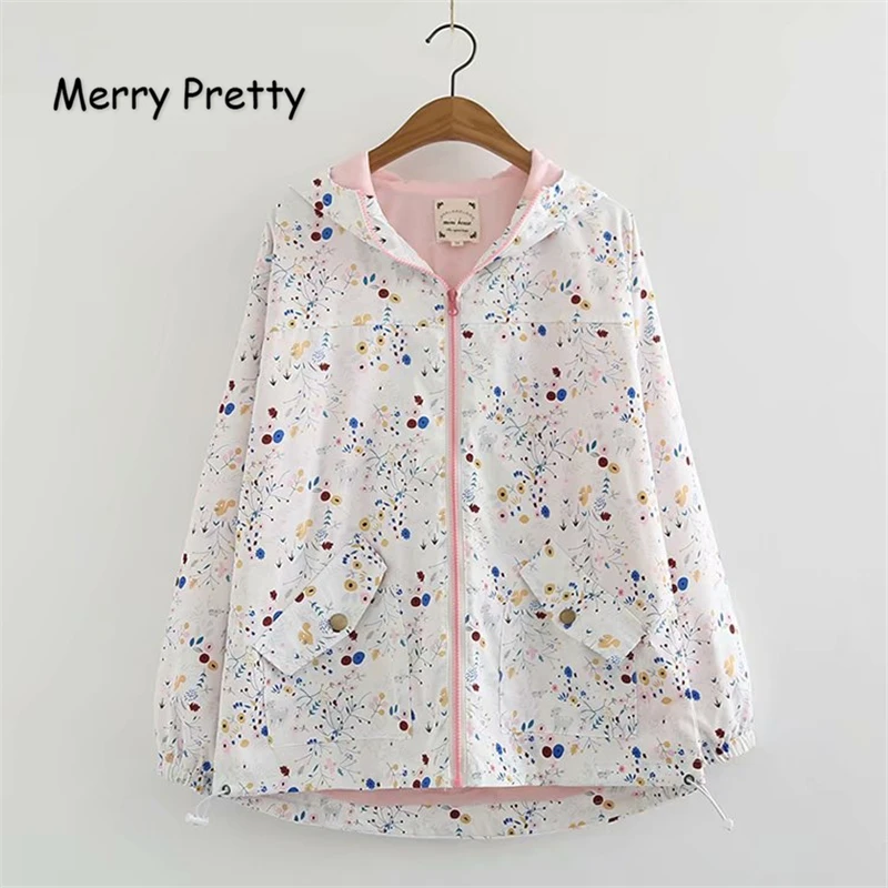

Merry Pretty Women Floral Print Backets Jackets 2019 Spring Femme Zipper Pockets Casual Long Sleeve Pockets Hooded Outerwear