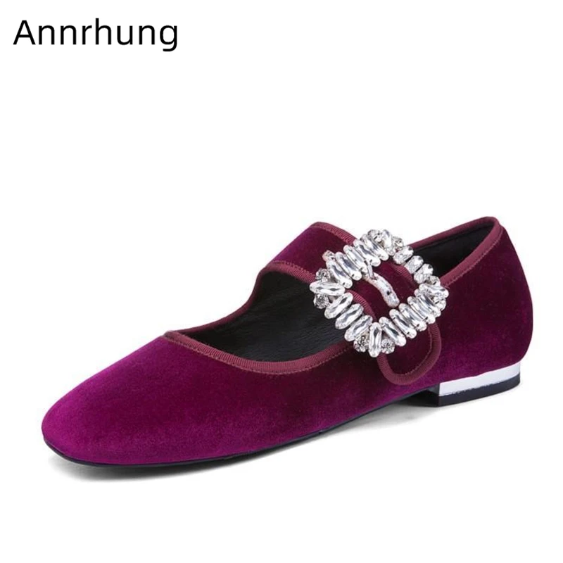 

Luxury Velvet Flat Shoes Woman Concise Round Toe Ballet Flats 2019 Chic Crystal Square Buckle Casual Shoes For Women