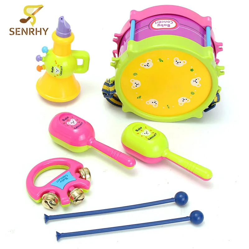 

SENRHY 5Set Educational Kids Toy Set Baby Roll Drum Musical Instruments Kit Children Baby Gift Tambourine Handbell Music Drums