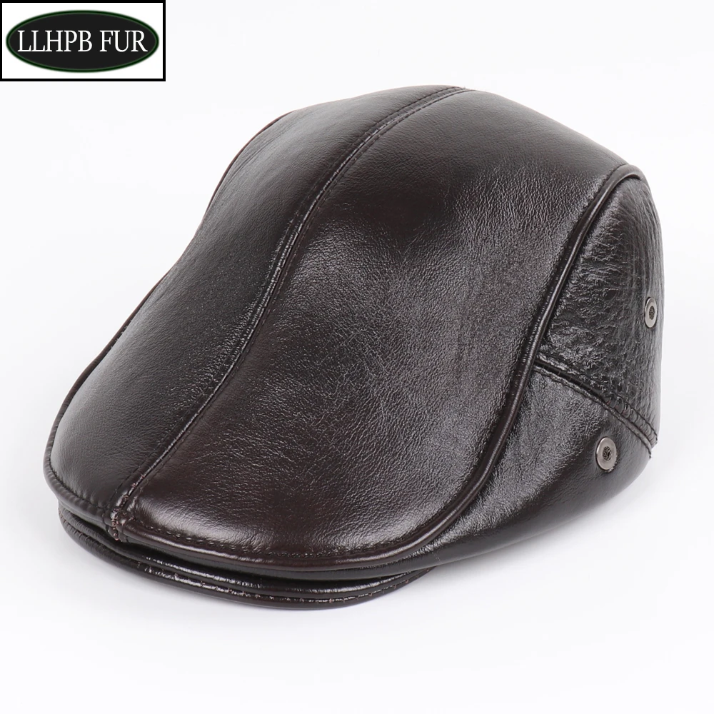 

New Winter Men Real Leather Berets Hats Casual Warm Earlap Real 100% Natural Cowhide Leather Caps Male Real Leather Newsboy Cap