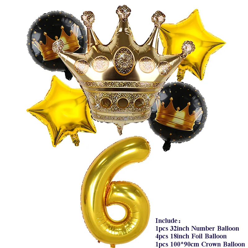 6pcs 32inch Number Foil Balloons 1 2 3 4 5 Years Old Kid Boys Girls Gold Crown Happy Birthday Balloon Baby Shower Decor Supplies