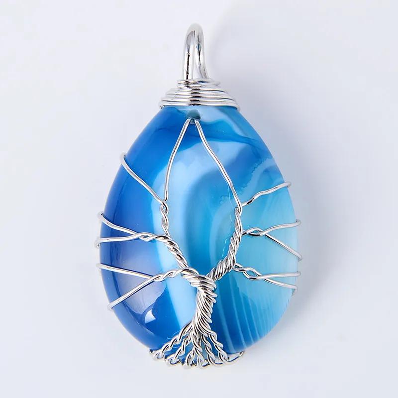 

Silver Plated Wire Wrap Opal Blue Agates Stone Tree of Life Water Drop Necklace Pendant For Christmas Gift Women Reiki Jewelry