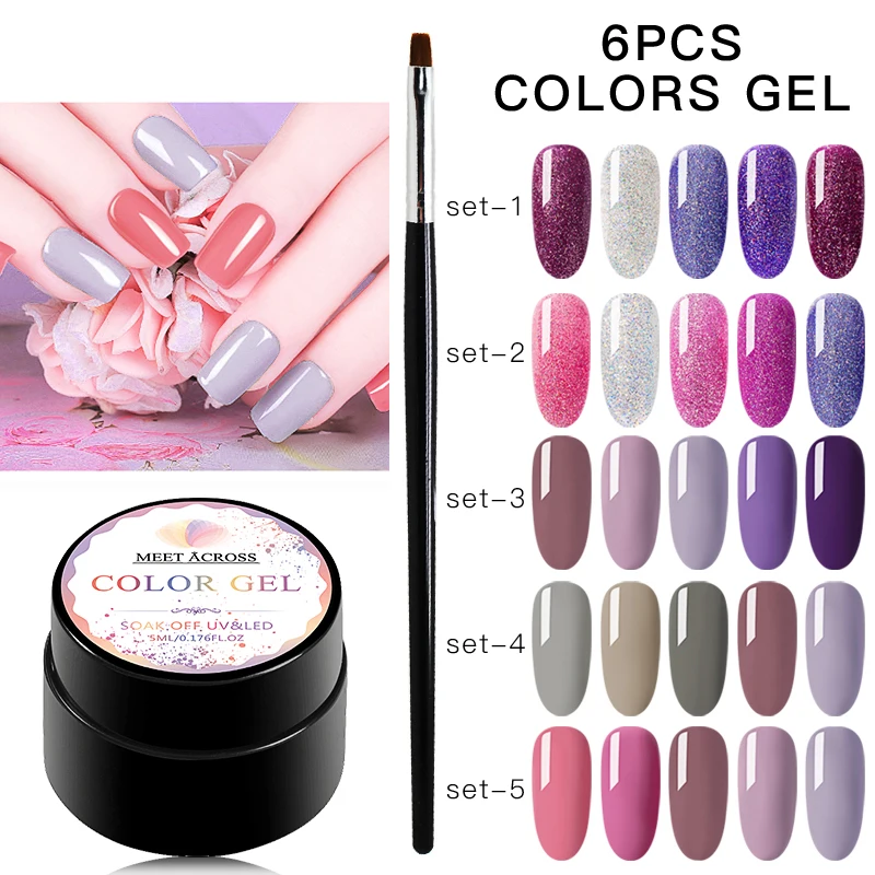 

MEET ACROSS 6Pcs 5ml Pure Color Nail Gel Glitter Polish Brush Set For Manicure Gel Semi Permanent Soak Off UV Gel Lacquer