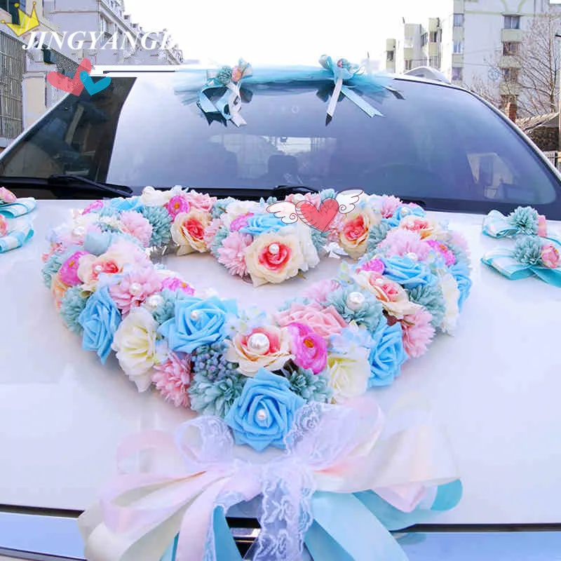 Синий в форме сердца Шелковый цветок розы Гортензия, ягоды, жемчуг свадебные украшения автомобиля комплект двери тянуть цветок Свадебный декор