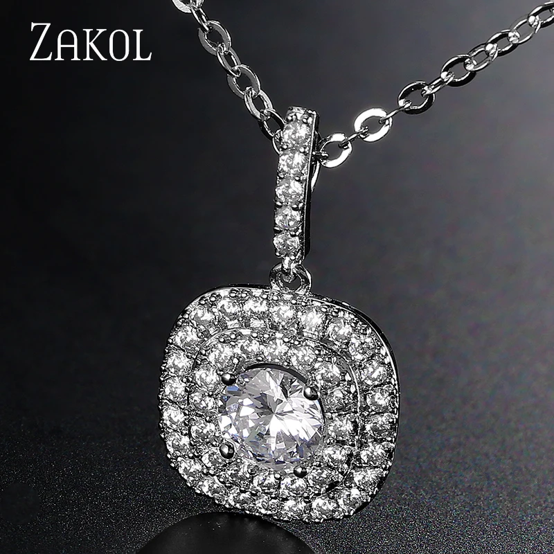 ZAKOL Classic White Color Square Shape Zirconia Crystal Earrings Necklace Set For Women Trendy Bridal Wedding Jewelry FSSP262