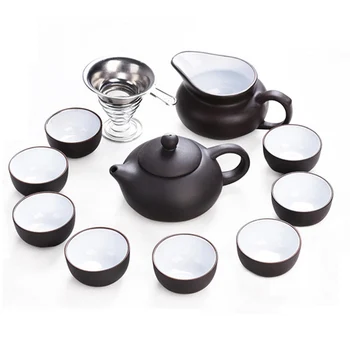 

11pcs Kung Fu Tea Set Outside black inside white Zisha,Yixing Teapot Handmade Purple Clay Tea Pot Cup Set ,Ceramic Chinese Gift
