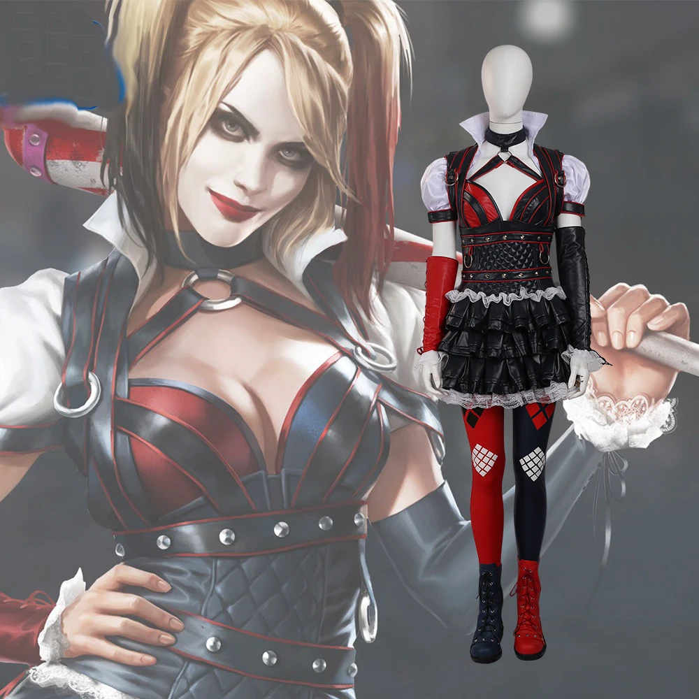 QUality Harley Quinn Cosplay Costume Halloween Batman Arkham Asylum City Costume For Women Full Set With Boots