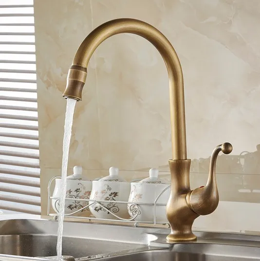Retro Antique Brass Kitchen Swivel Spout Sink Basin Faucet Single Handle Single Hole Mixer Tap Deck