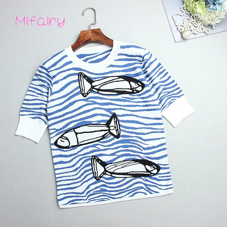 

Free Shipping 2017 White Blue Striped Short Sleeves Women's Pullovers Shark Jacquard Celebrity Style Women's Sweaters S004