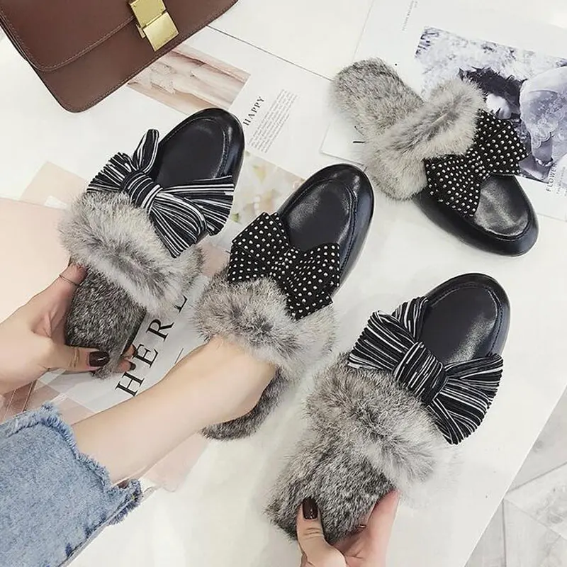 

Tangnest Luxury Brand Crystal Women's Mules Fashion Round Toe Pu Leather Slingbacks Flats Soft Faux Fur Slides Shoes XWD7012