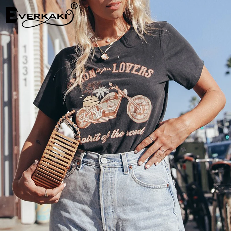 Kopen Everkaki Vintage t shirt Vrouwen Motorfiets Patroon Retro T shirt Tees Tops Korte Mouwen Boho Print Tee Shirt Zomer 2019