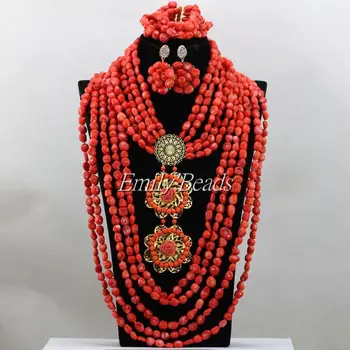 

Elegant Pink Women Costume Bridal Jewelry Set Coral Nigerian Wedding Necklace Set Fashion African Beads Free Shipping CJ673