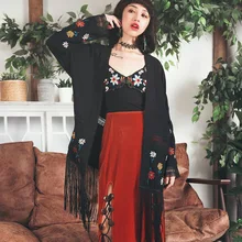 Весенне-осенняя Женская длинная рубашка в винтажном стиле с v-образным вырезом и вышивкой, повседневные Ультра свободные черные вязаные пальто, верхняя одежда