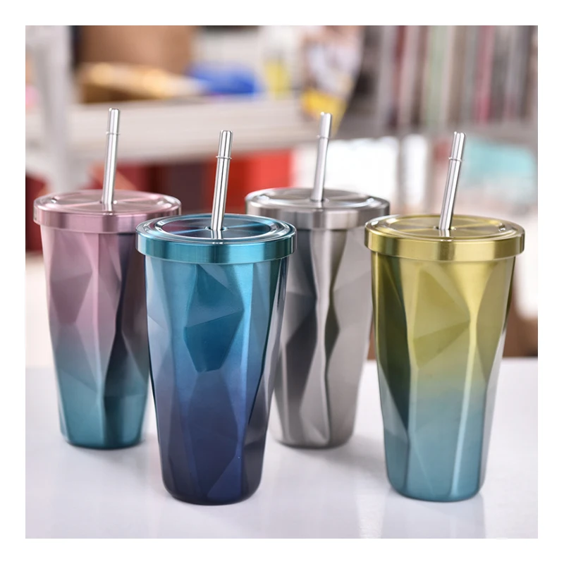 

Vacuum thermos cup discoloured glass diamond vacuum cup straw stainless steel double layer
