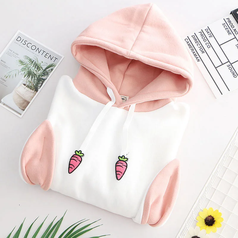  Cartoon sweet rabbit carrot stamp with cap and pile to keep warm girl hoodie Sweatshirts Hoodies