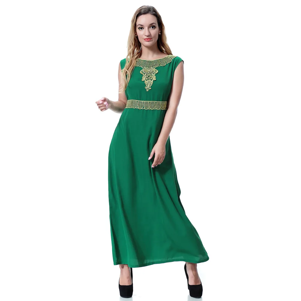

Платье из шерсти abaya, длинное платье без рукавов с круглым вырезом и золотистой аппликацией, цвет персиковый, Арабская, TH921