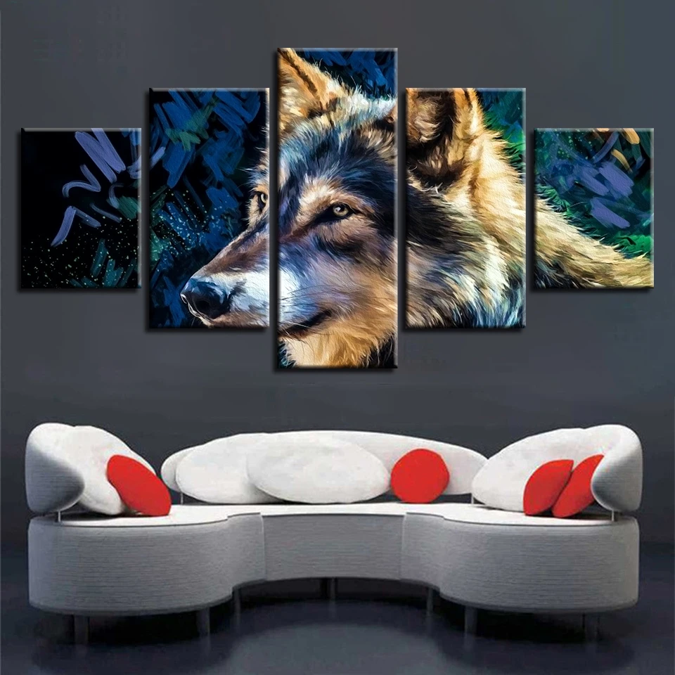 

Wall Art Framework Decoration 5 Pieces Animal Wolf Pictures Night View HD Prints For Living Room Canvas Modular Poster Paintings