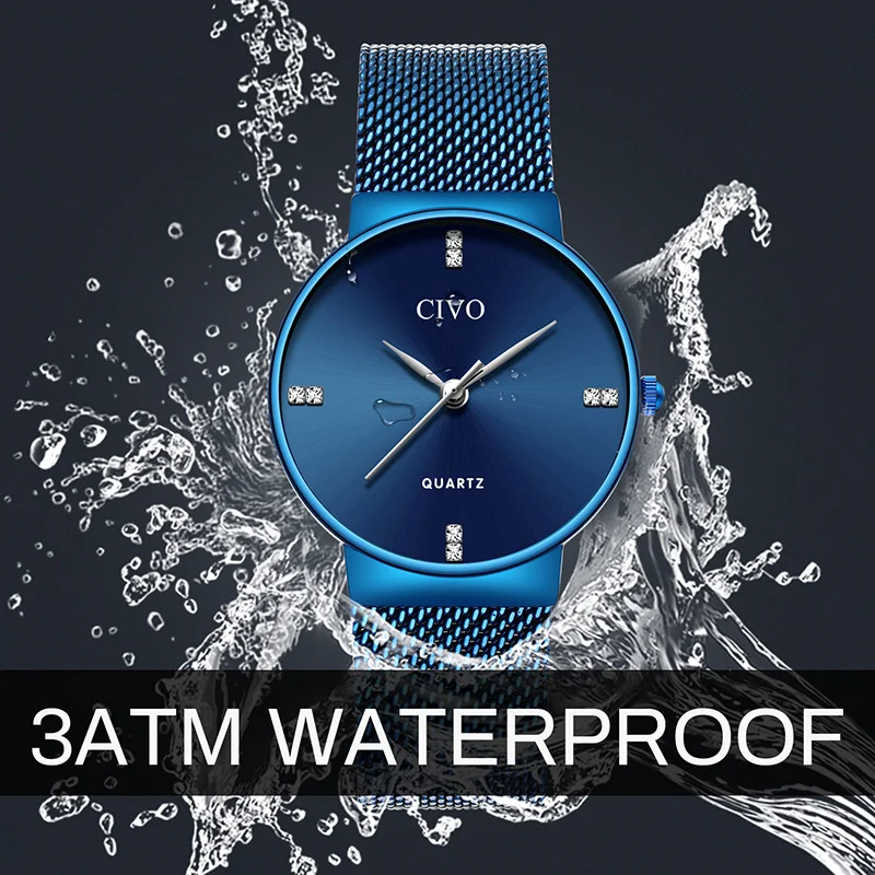 CIVO женские часы водонепроницаемые тонкие синие стальные сетчатые минималистичные кварцевые наручные часы женские роскошные повседневные часы Montre Femme