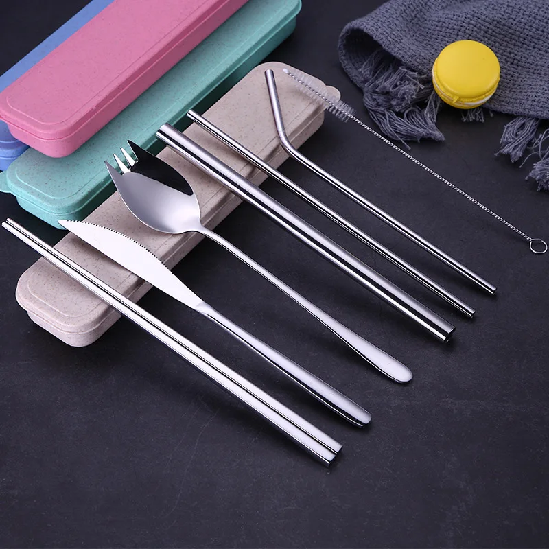 

Portable Cutlery Set Flatware Sets Reusable with Cleaner Brush Stainless Steel Drinking Metal Straw Travel Cutlery for Barware