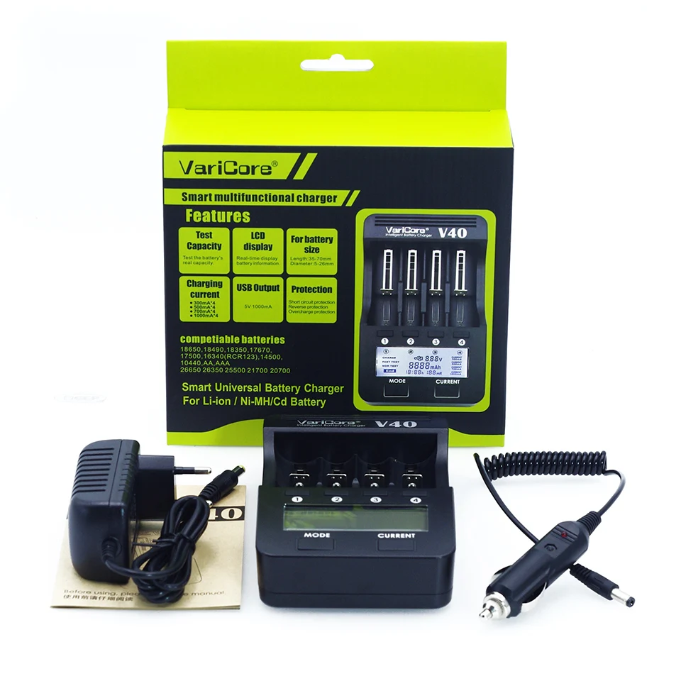 Goedkoop Nieuwe 2018 VariCore V40 3.7 V 18650 26650 18350 16340 18500 25500 10440 17500 NiMH 1.2 V AA AAA 5 V uitgang LCD smart battery charger