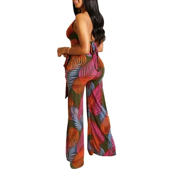 

2019 Fashion Women Leaves Print Backless Crop Top And Wide Leg Pants Sleeveless Halter Lace Up Sexy 2 Piece Set