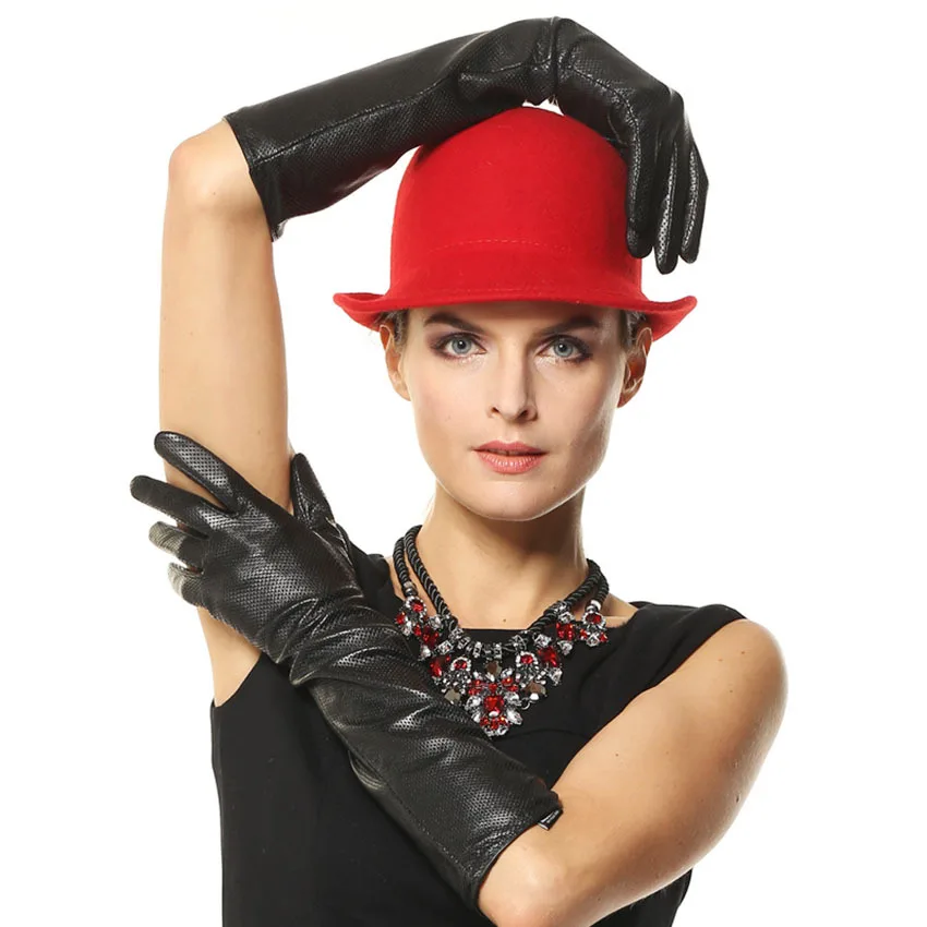 Fashion Black 45cm Long Genuine Leather Solid Gloves Women Breathable Winter Elbow Sheepskin Glove For Driving Hot Sale L081NN