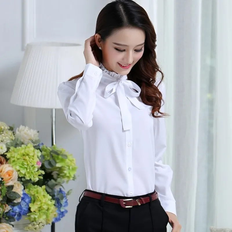 

My NewIn Hot Women Blouse White Shirt Femme Casual Stand Long Sleeve Bow Tie Neck Pleated Blouses Ladies Women's Blusa Shirts