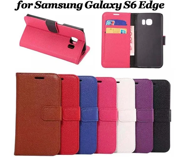 100pcs/lot Mix Color For Samsung Galaxy S6 Edge Book Style Stand Lichee Leather Case With 2 Credit Card Slots Free Shipping |
