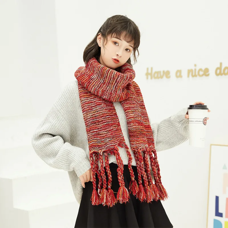 

Ladies Autumn Winter Warm Scarf Korean Edition 35*200CM Thickened Wool Tassel Temperament Shawl Lengthened Stripe Knitted Scarf